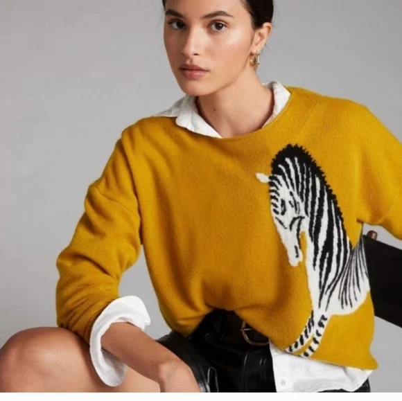 Anthropologie Maeve Cashmere Zebra Sweater Mustard Yellow Preppy XXSP - Picture 3 of 10